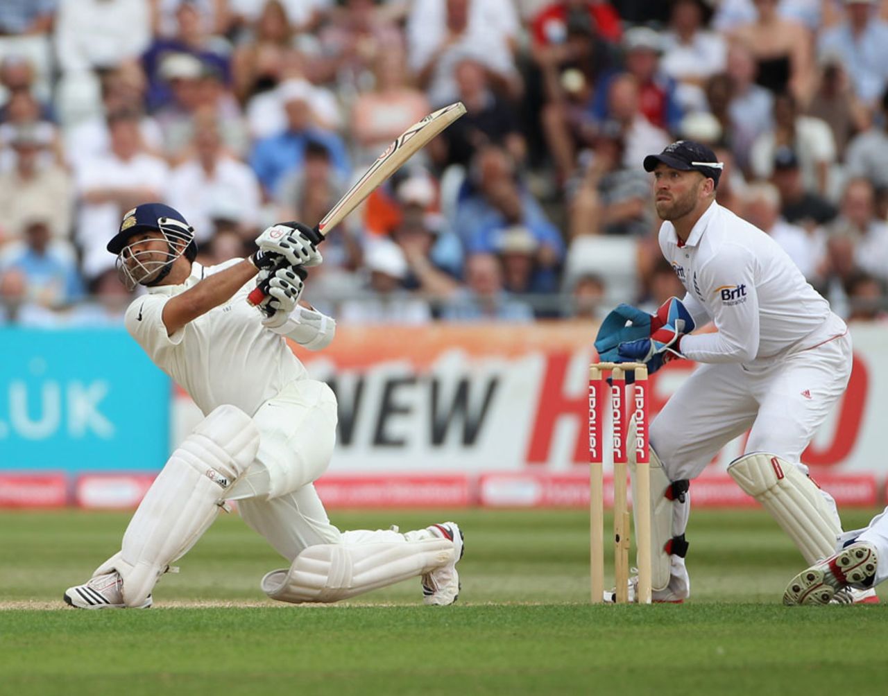 Sachin Tendulkar launches a slog-sweep during his half-century, England v India, 2nd Test, Trent Bridge, 4th day, August 1, 2011