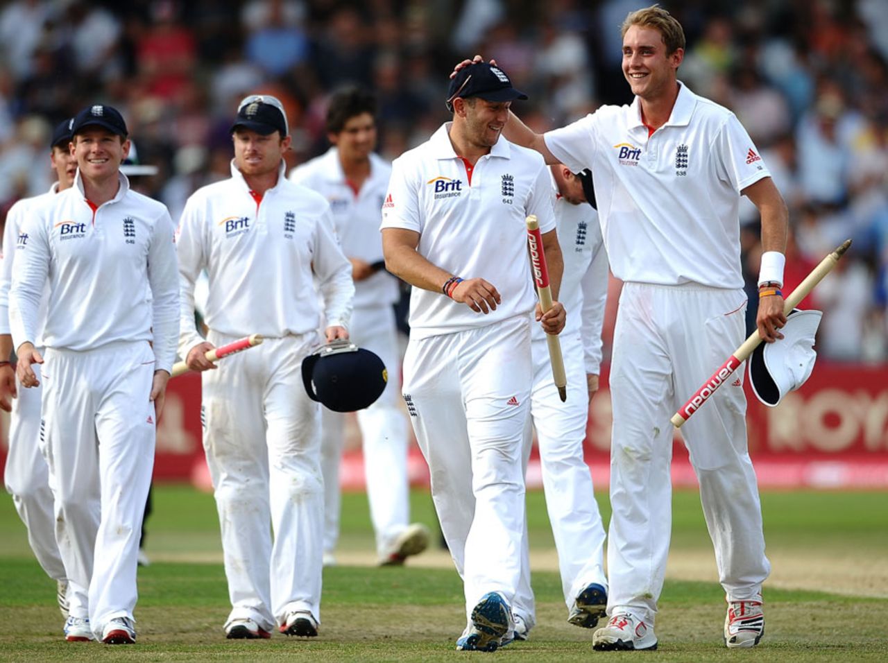 Stuart Broad and Tim Bresnan lead the victorious England side off the field, England v India, 2nd Test, Trent Bridge, 4th day, August 1, 2011