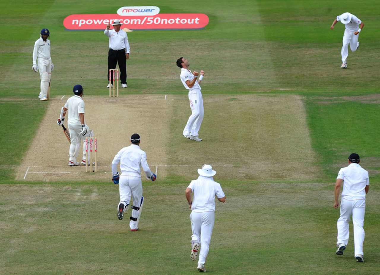 James Anderson celebrates the wicket of Sachin Tendulkar, England v India, 2nd Test, Trent Bridge, 4th day, August 1, 2011