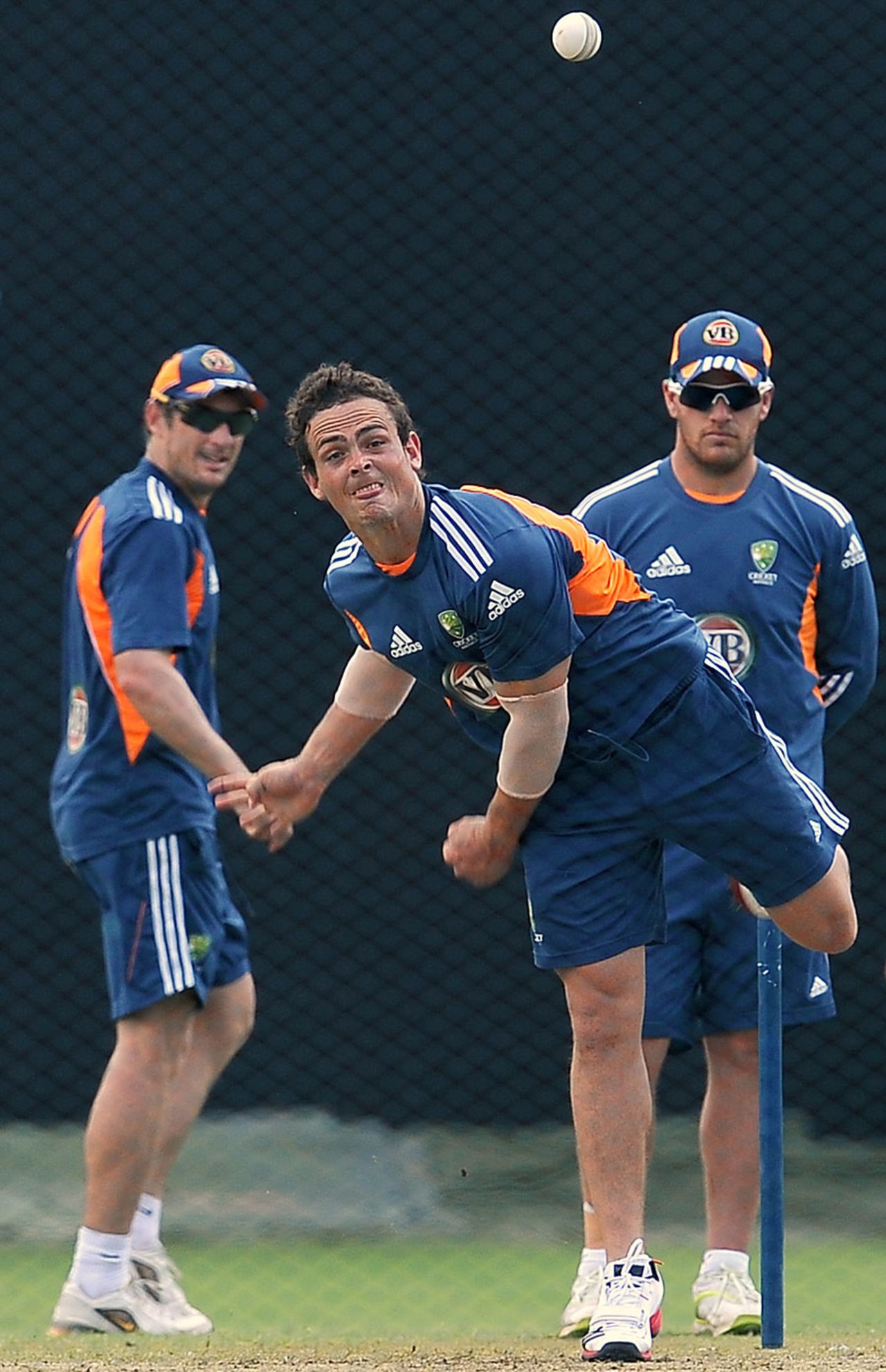 Steve O'Keefe bowls in the nets during a training session in Pallekele, August 4, 2011