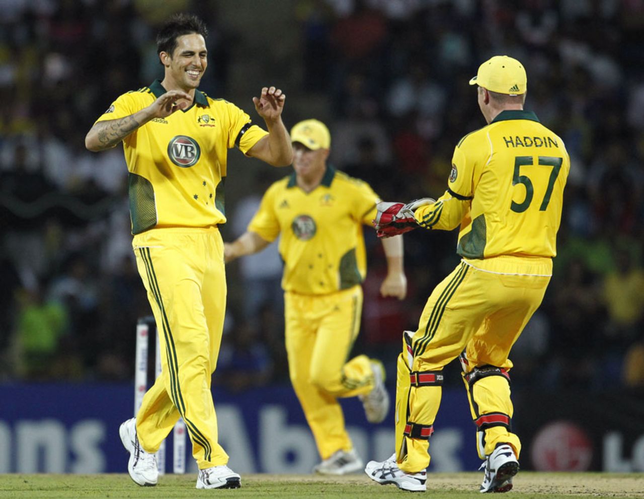 Mitchell Johnson celebrates trapping Dinesh Chandimal hit-wicket,  Sri Lanka v Australia, 1st Twenty20, Pallekele, August 6, 2011