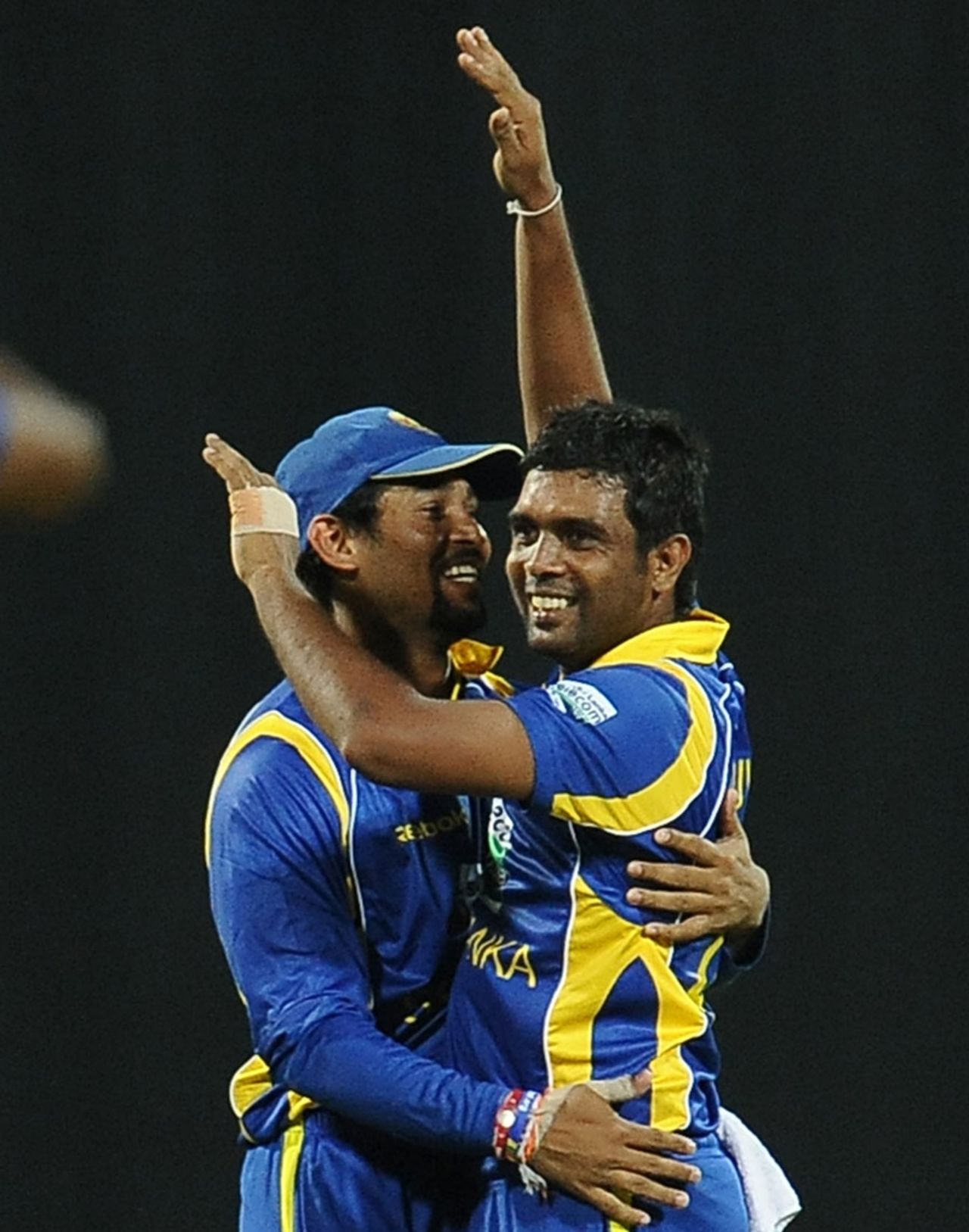 Tillakaratne Dilshan and debutant Dilruwan Perera celebrate a wicket, Sri Lanka v Australia, 1st Twenty20, Pallekele, August 6, 2011