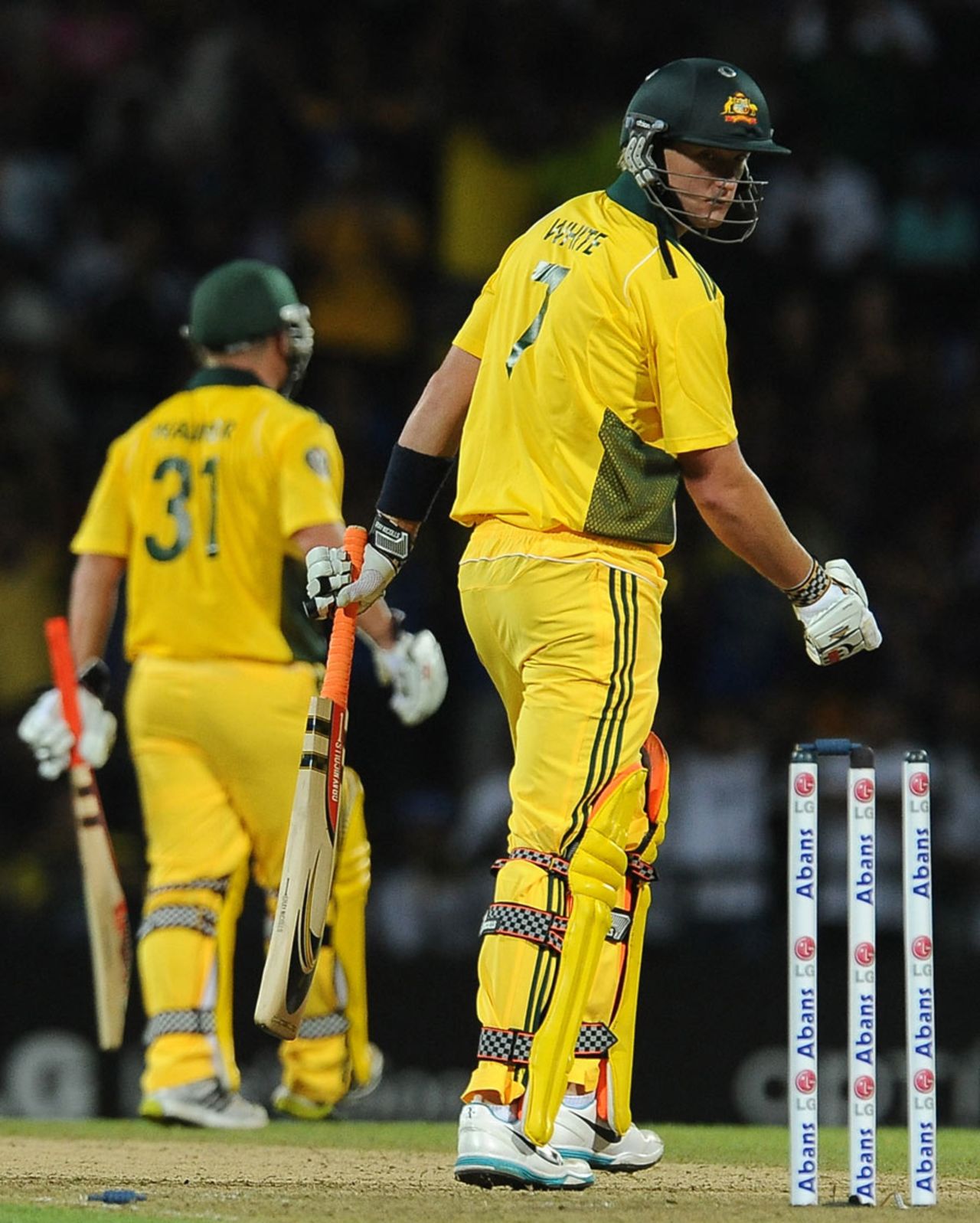 Cameron White is bowled for 7, Sri Lanka v Australia, 1st Twenty20, Pallekele, August 6, 2011