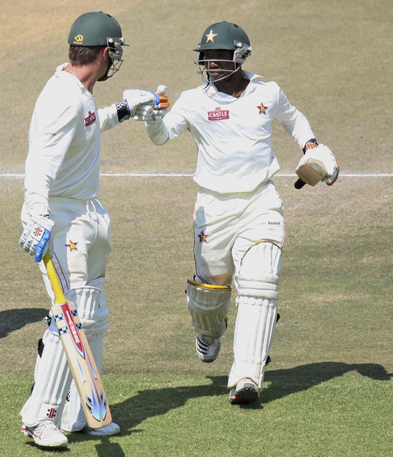 Brendan Taylor and Tatenda Taibu touch gloves during their stand, Bangladesh v Zimbabwe, only Test, Harare, 4th day, August 7, 2011