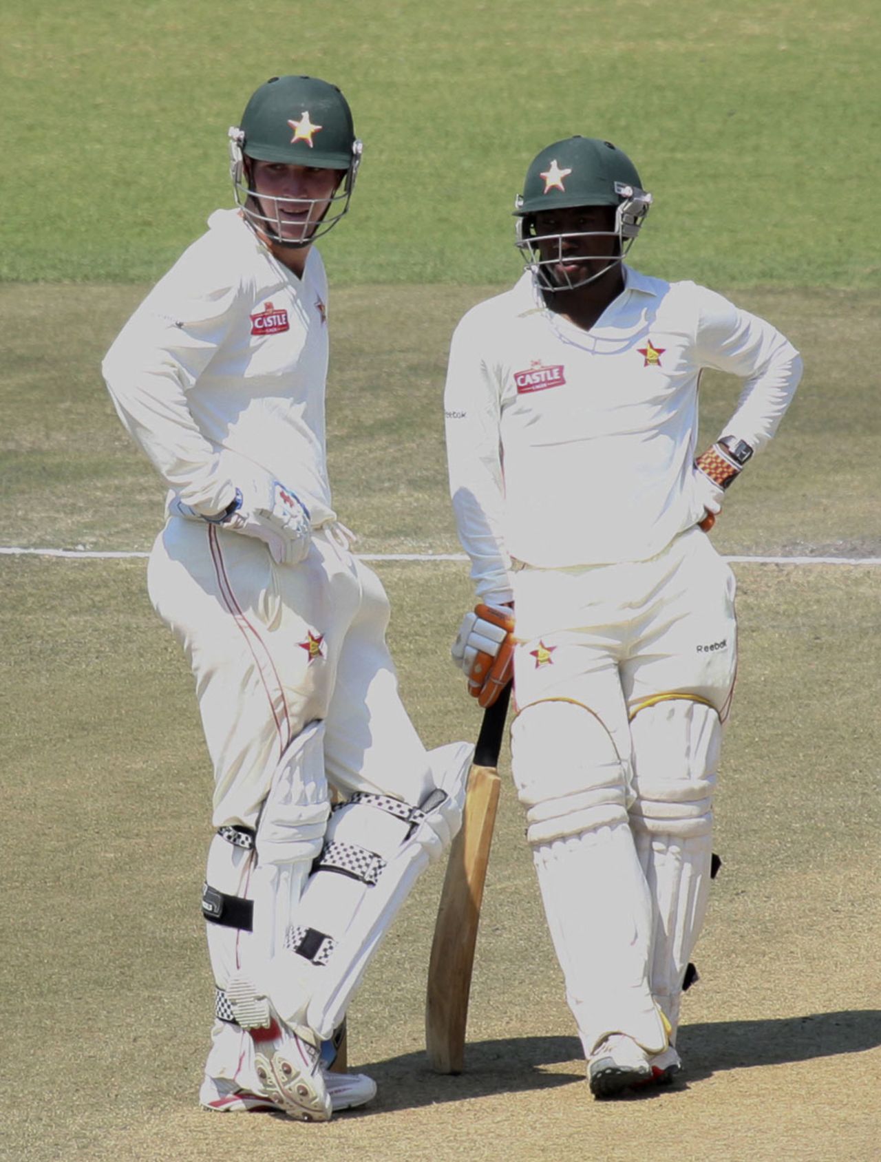 Brendan Taylor and Tatenda Taibu chat during their century stand, Bangladesh v Zimbabwe, only Test, Harare, 4th day, August 7, 2011