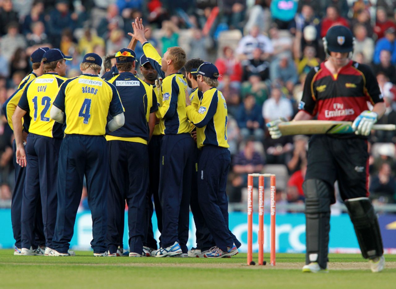 Danny Briggs is congratulated on a wicket by his Hampshire team-mates, Hampshire v Durham, Friends Life t20, 3rd Quarter-Final, Rose Bowl, August 7 2011