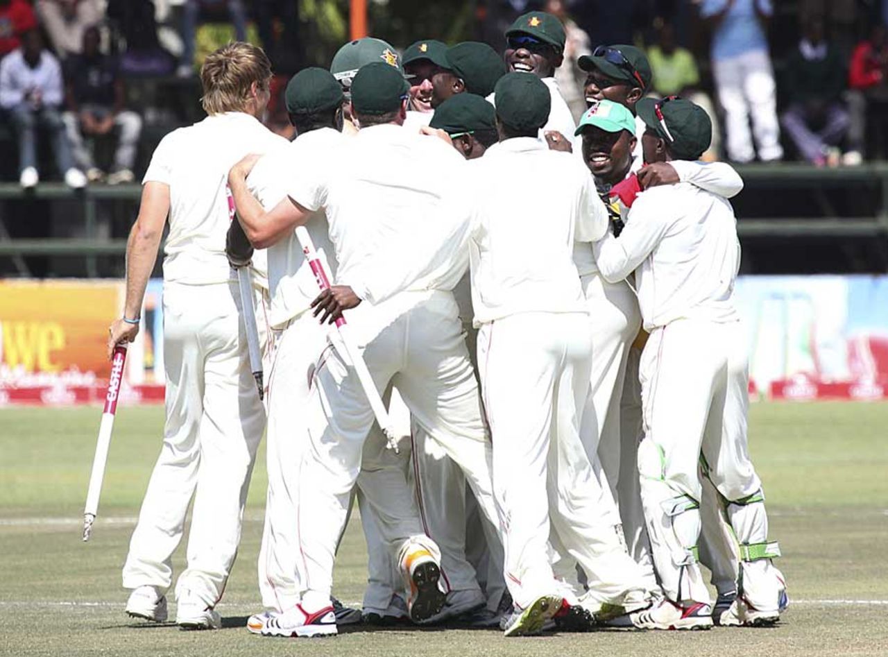 Zimbabwe celebrate their victory over Bangladesh in their first game after returning to Test cricket, Bangladesh v Zimbabwe, only Test, Harare, 5th day, August 8, 2011