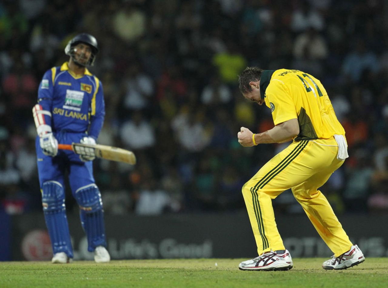 John Hastings is thrilled after dismissing Kumar Sangakkara, Sri Lanka v Australia, 2nd Twenty20, Pallekele, August 8, 2011
