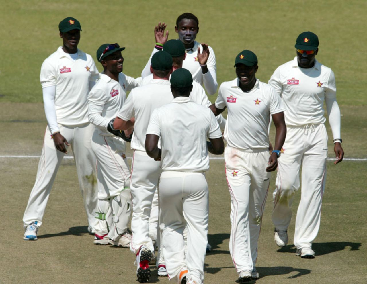 Zimbabwe get together after a wicket on the final day, Bangladesh v Zimbabwe, only Test, Harare, 5th day, August 8, 2011