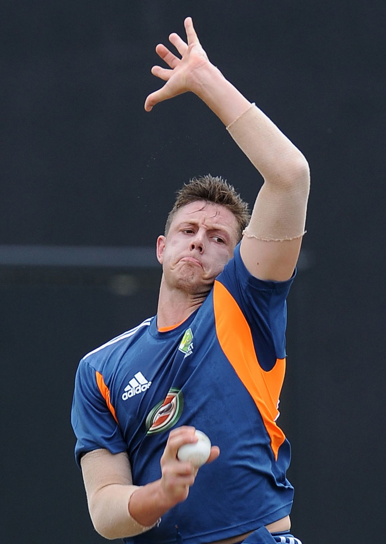 James Pattinson has a bowl at practice, Pallekele, August 9, 2011