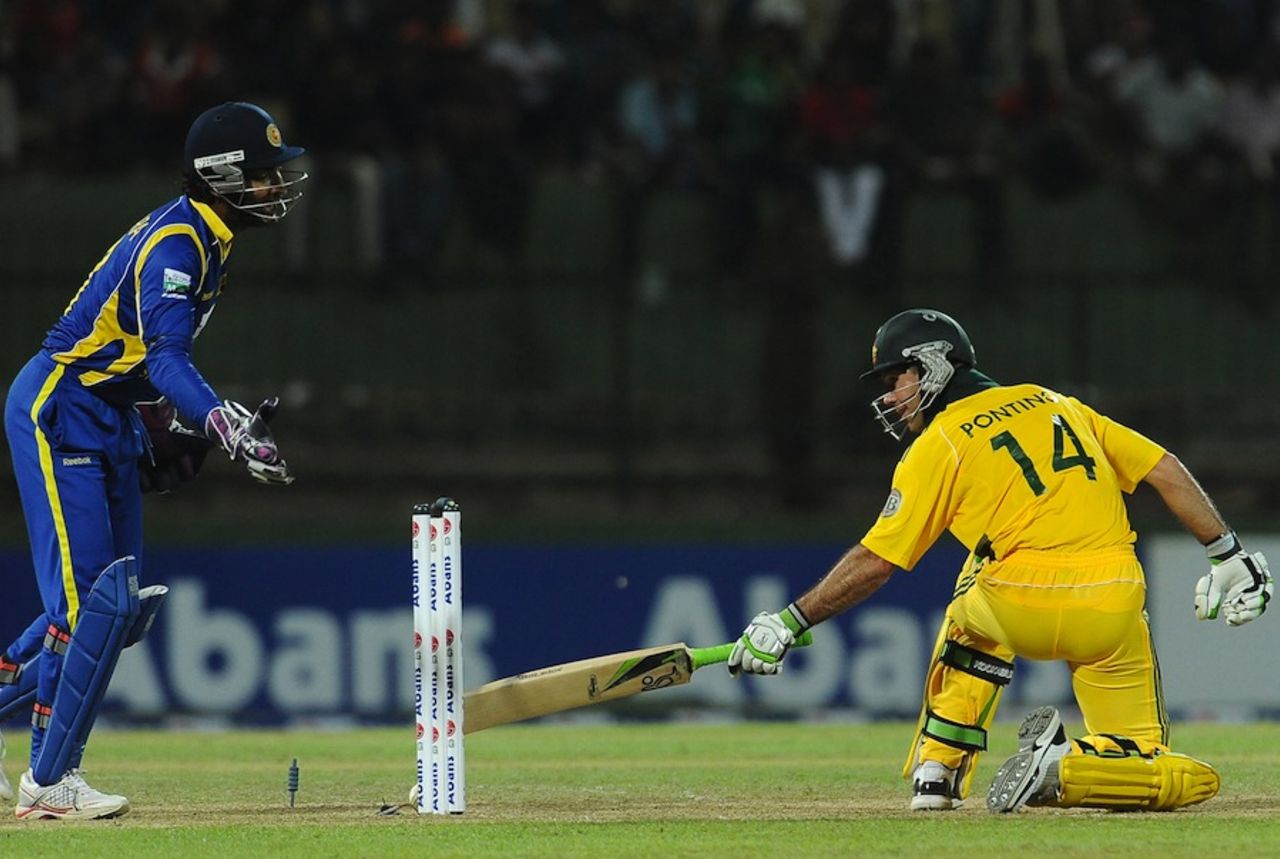 Ricky Ponting was bowled by Suraj Randiv, Sri Lanka v Australia, 1st ODI, Pallekele, August 10, 2011