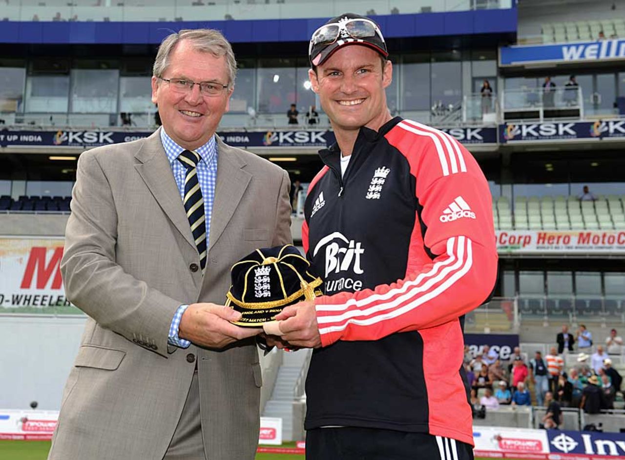 Warwickshire chairman Phillip Morris-Jones presents a commemorative cap to Andrew Strauss, England v India, 3rd npower Test, Edgbaston, 3rd day, August 12, 2011
