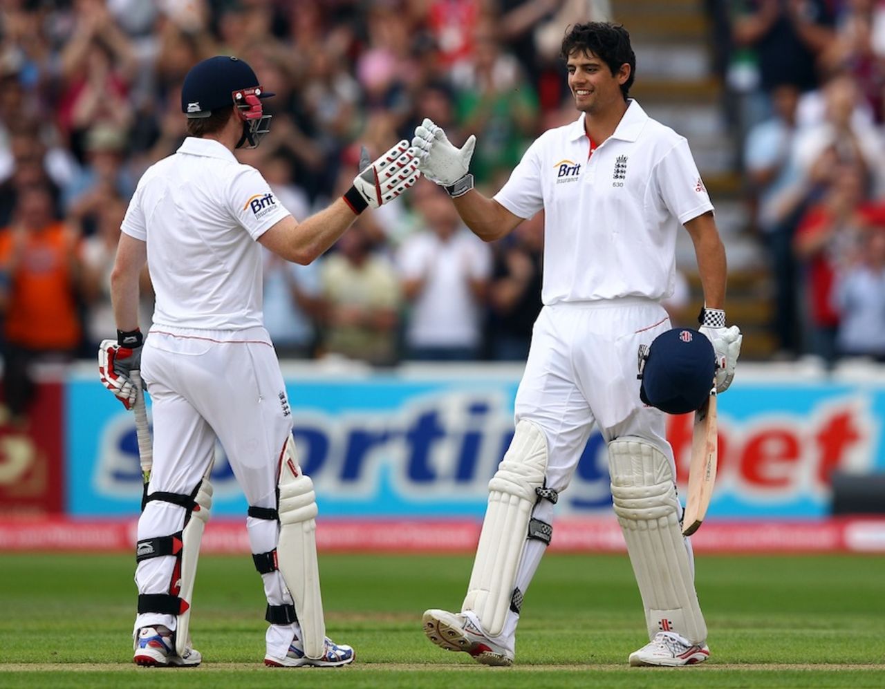 Eoin Morgan congratulates Alastair Cook on his double-century, England v India, 3rd npower Test, Edgbaston, 3rd day, August 12, 2011