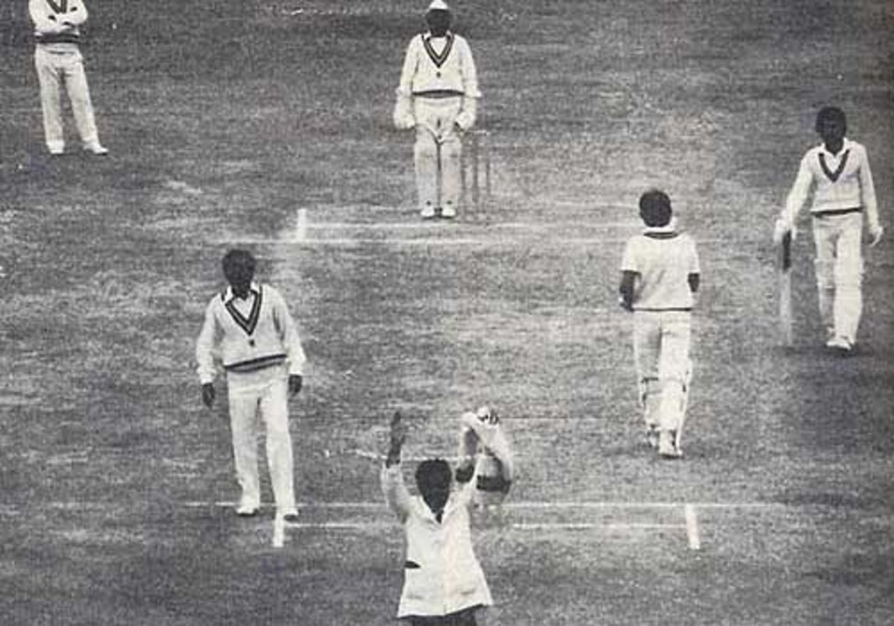 Zaheer Abbas (extreme right) walks down the crease after hitting Dilip Doshi for 6 on his way to a magnificent 168 off 176 balls at Faisalabad in 1982-83. This was his third consecutive hundred against India and, like this innings, the last two were mammoth and commanding scores as well. After tonking 215 in the first Test at Lahore - a game in which India responded gamely to Pakistan's imposing total - he led Pakistan to an innings-victory in the second with his 186 off only 246 balls after coming in to bat at 18 for 3. Here, at Faisalabad, he was one of four Pakistani batsmen to score hundreds in another victory. Pakistan won three out of six games and Zaheer continued dominating India: he had 650 runs in the series at an average of 130. This series reflected the hold he had over India throughout his career. Only in one of his four series against India did he not perform well. Even then, he ended with 1740 in 19 games against India with six hundreds and an average of 87. In comparison, against all other opposition, he averaged 35.72.