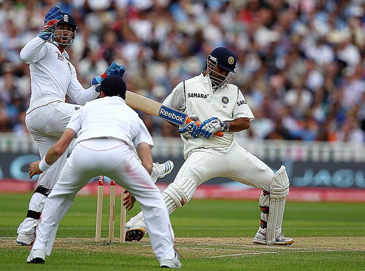 MS Dhoni put up some resistance with the lower order, England v India, 3rd Test, Edgbaston, 4th day, August 13, 2011