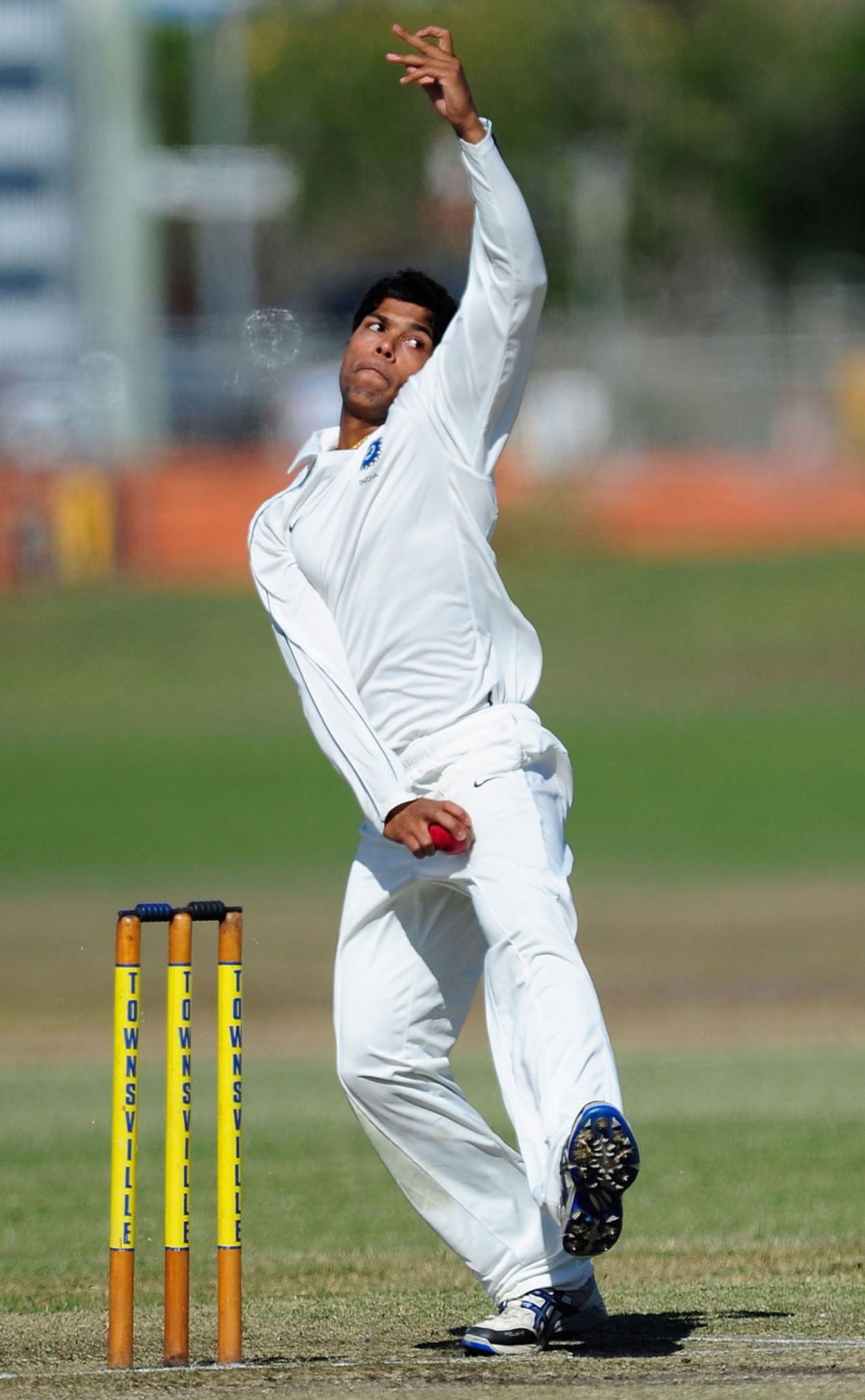 Umesh Yadav in his delivery stride, Australian Institute of Sport v India Emerging Players, Emerging Players tournament, 3rd day, Townsville, August 13, 2011