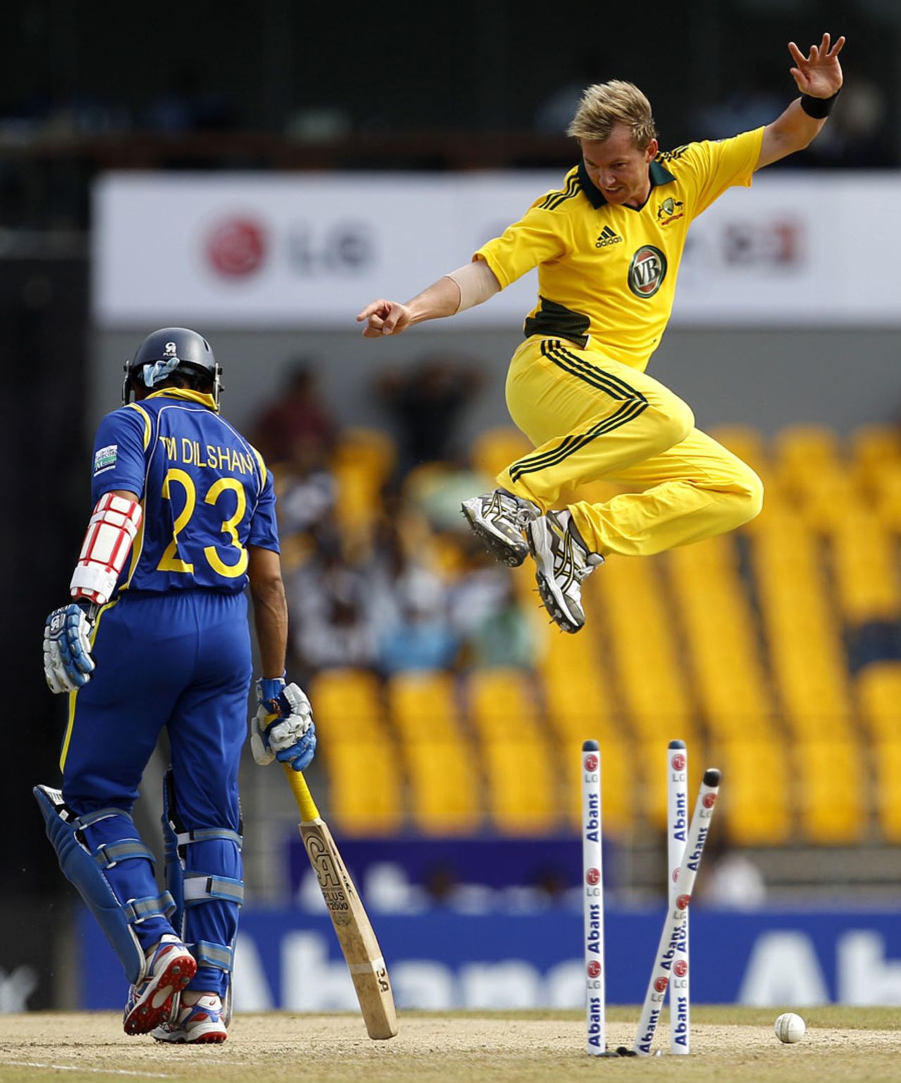 A heel-clicking celebration from Brett Lee after he removed Tillakaratne Dilshan, Sri Lanka v Australia, 2nd ODI, Hambantota, August 14, 2011