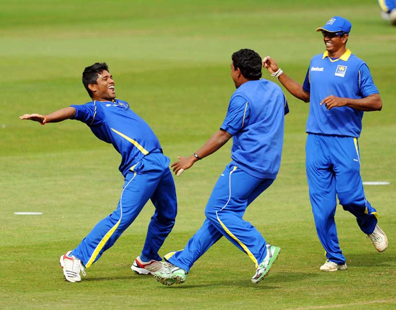 Seekkuge Prasanna celebrates one of his six wickets, England Lions v Sri Lanka A, 2nd one-dayer, New Road, August 14, 2011