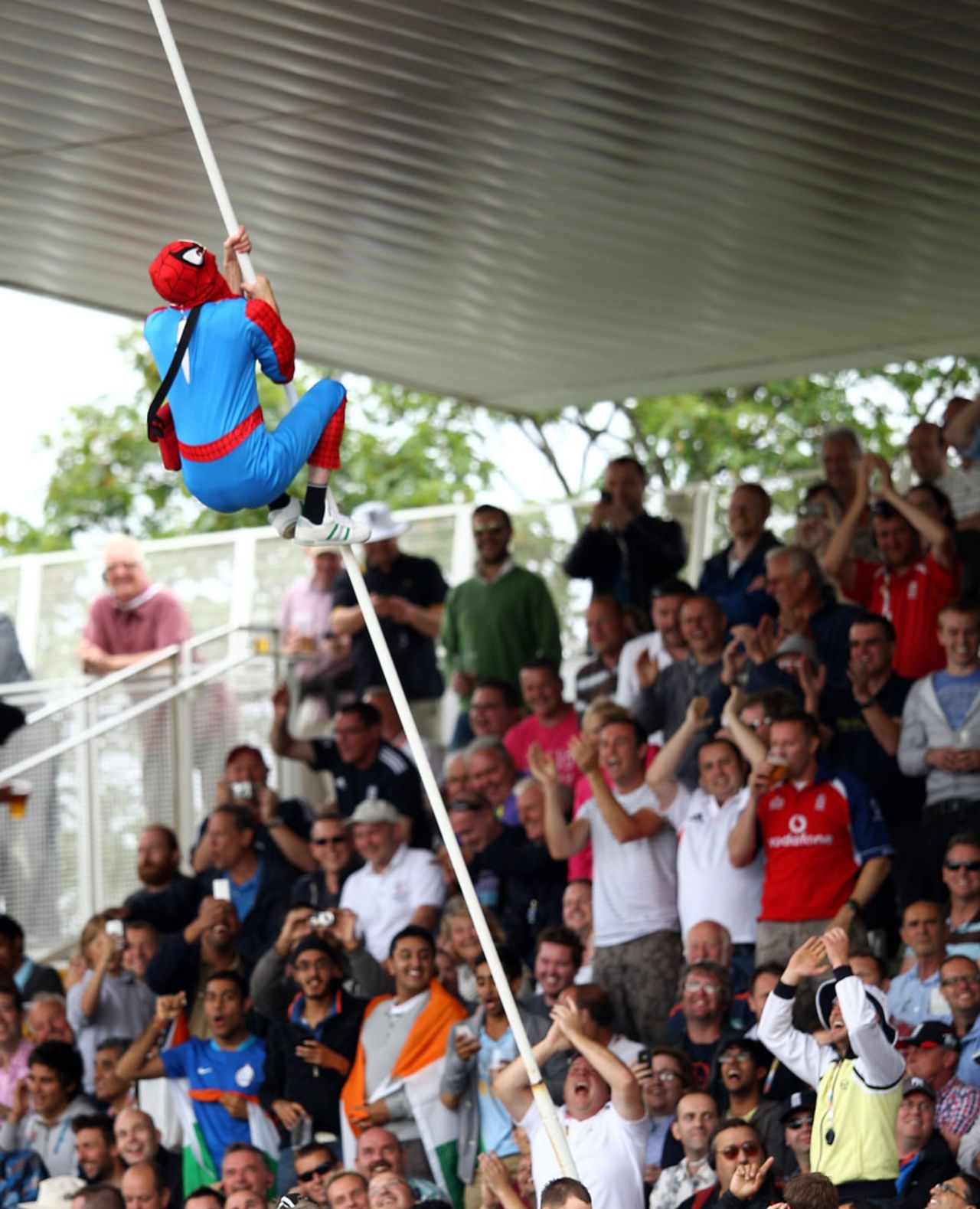 A man dressed as Spiderman catches the crowd's attention, England v India, 3rd Test, Edgbaston, 4th day, August 13, 2011