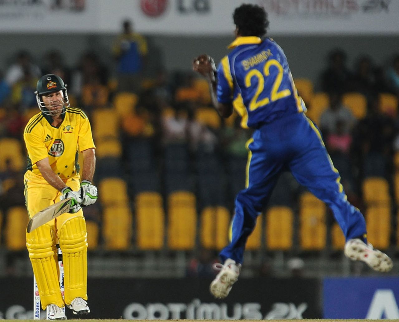 Ricky Ponting chips one straight back to Shaminda Eranga, Sri Lanka v Australia, 3rd ODI, Hambantota, August 16, 2011