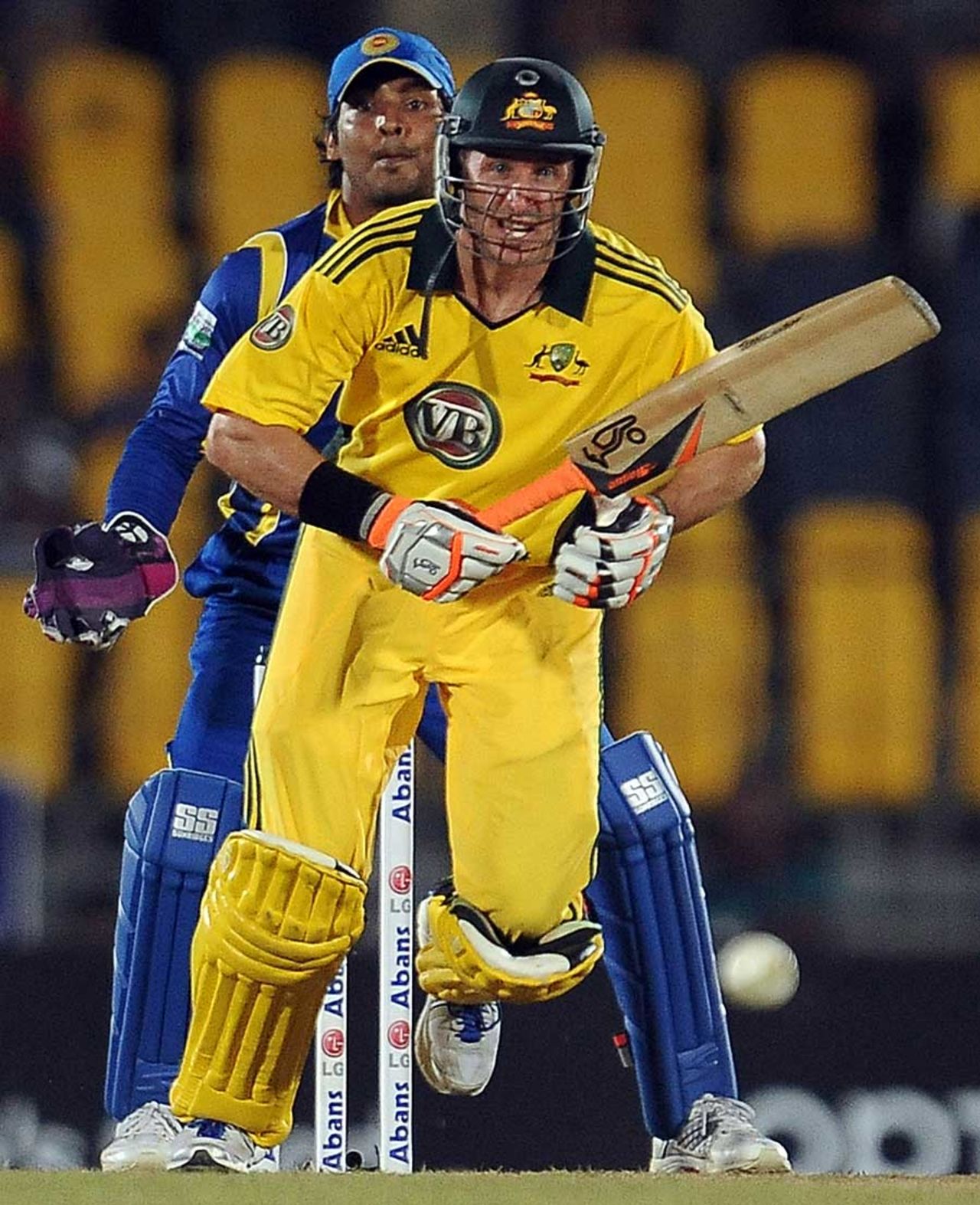 Michael Hussey pushes one down the ground, Sri Lanka v Australia, 3rd ODI, Hambantota, August 16, 2011