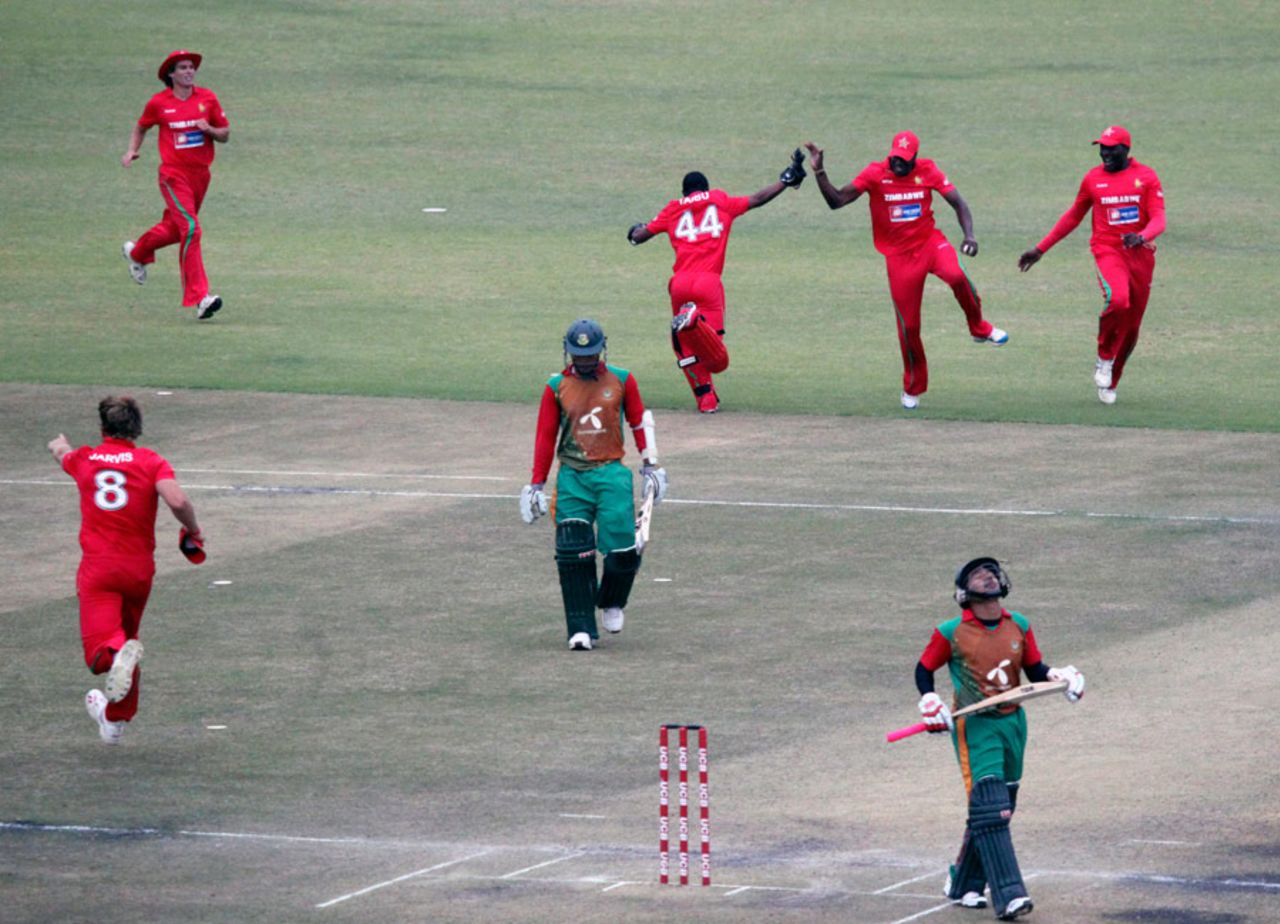 Zimbabwe celebrate their win in the third ODI, a result which secured them a 3-0 series victory with two matches left to play, Zimbabwe v Bangladesh, 3rd ODI, Harare, August 16, 2011