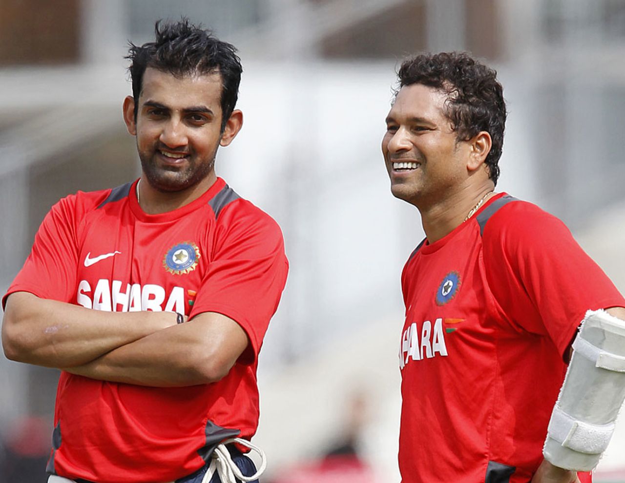 Gautam Gambhir and Sachin Tendulkar take a break at a training session ahead of the final Test, The Oval, August 17, 2011