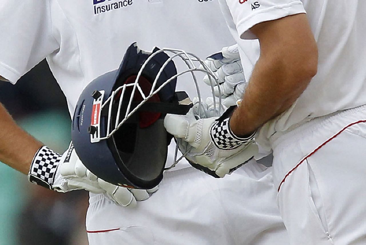 Andrew Strauss's helmet after being hit by a bouncer, England v India, 4th Test, The Oval, 1st day, August 18, 2011