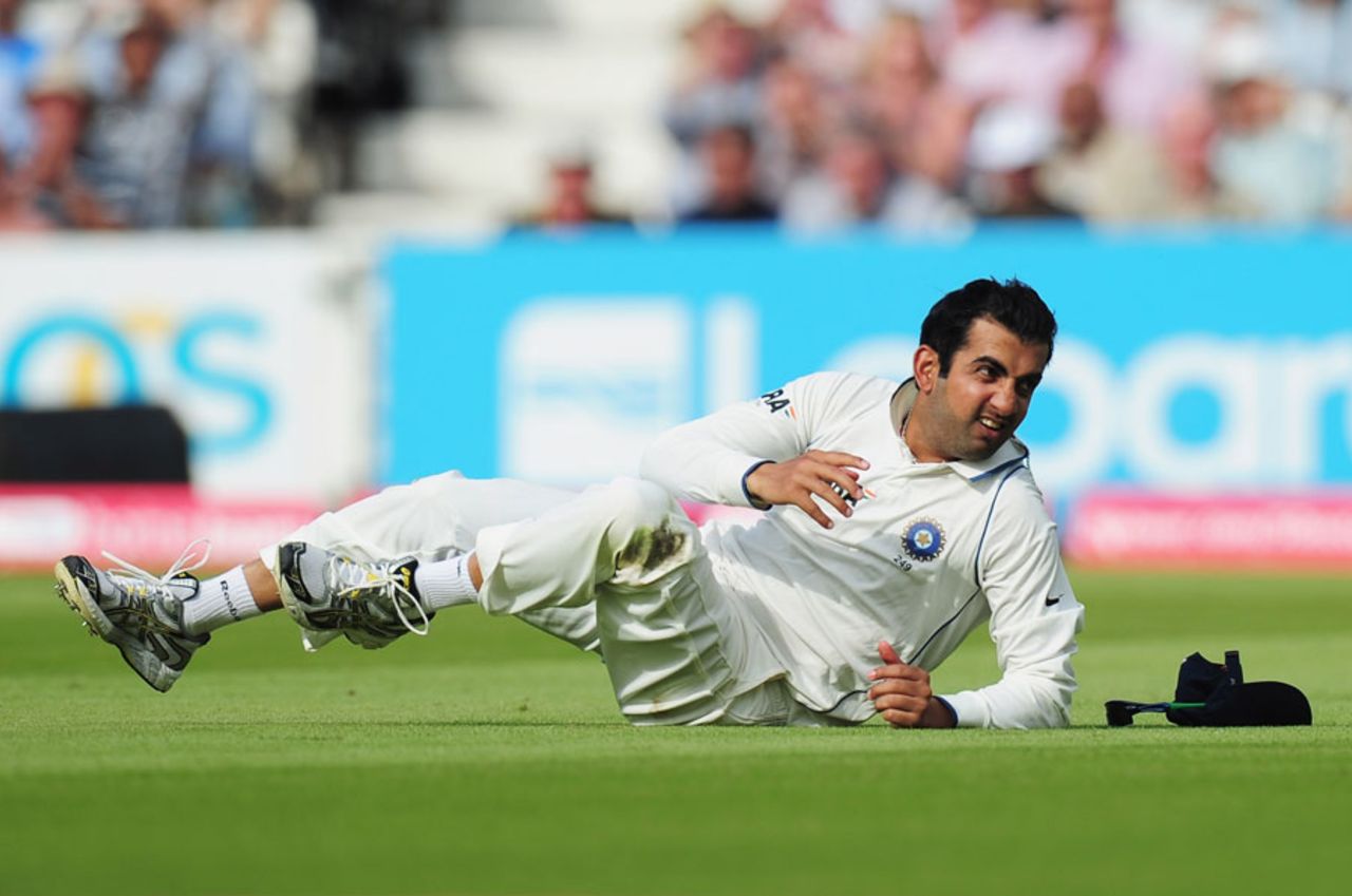 Gautam Gambhir reacts after failing to latch onto a mishit by Kevin Pietersen, England v India, 4th Test, The Oval, 2nd day, August 19, 2011
