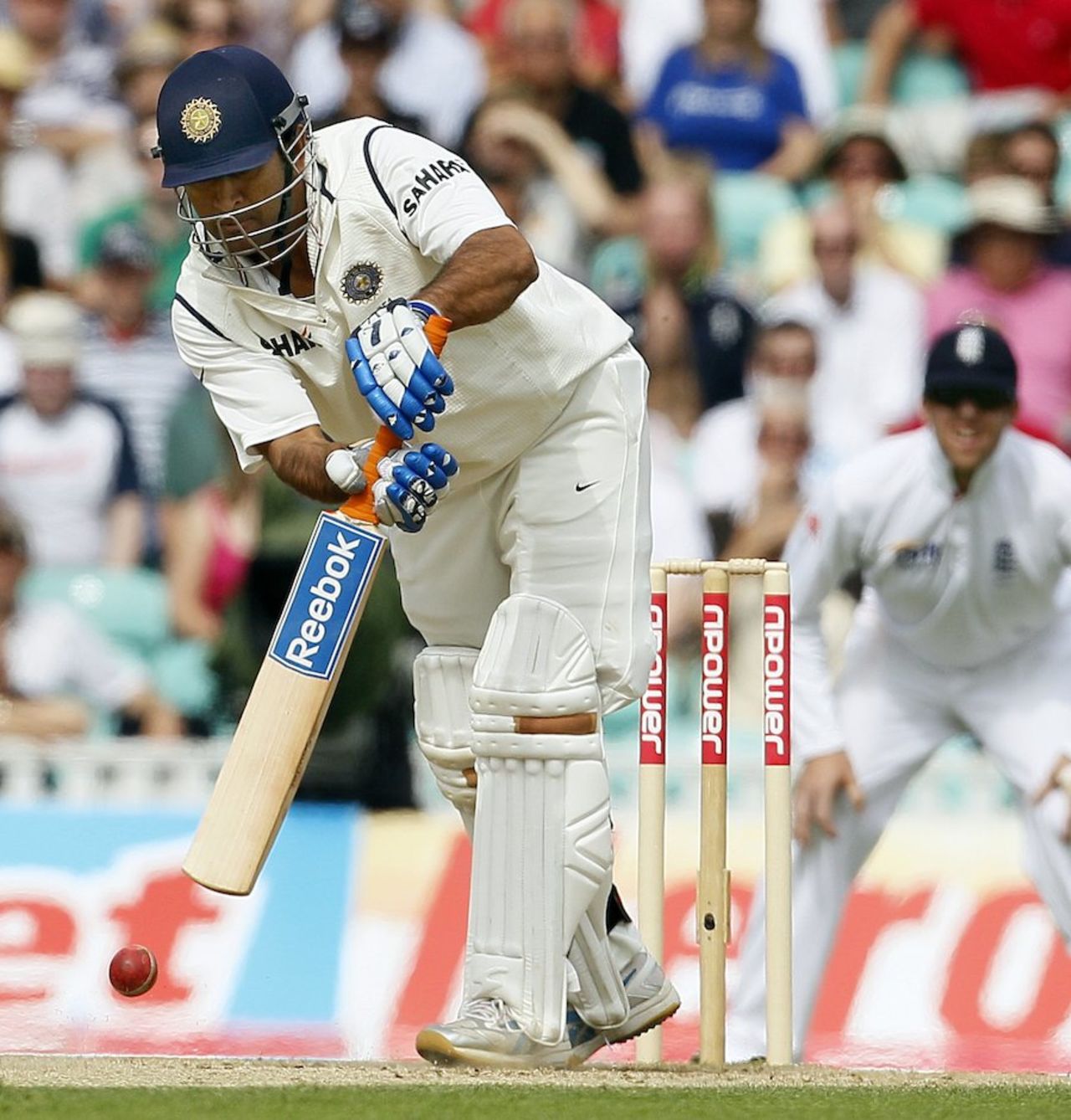 MS Dhoni pushes the ball down the ground, England v India, 4th Test, The Oval, 4th day, August 21, 2011