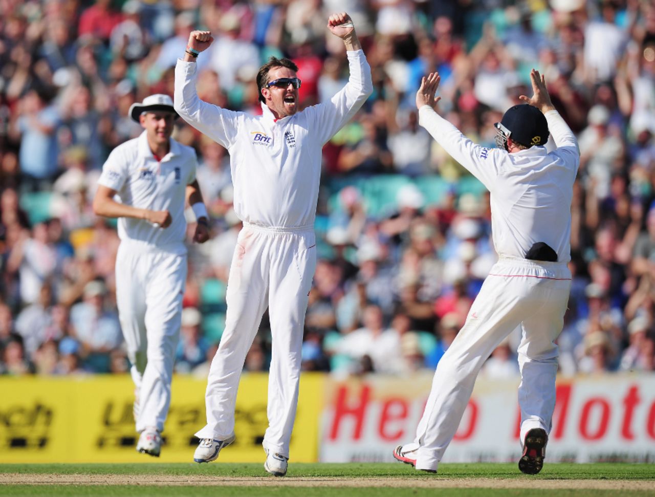 Graeme Swann rejoices at the fall of an Indian wicket on the fourth afternoon at The Oval, England v India, 4th Test, The Oval, 4th day, August 21, 2011