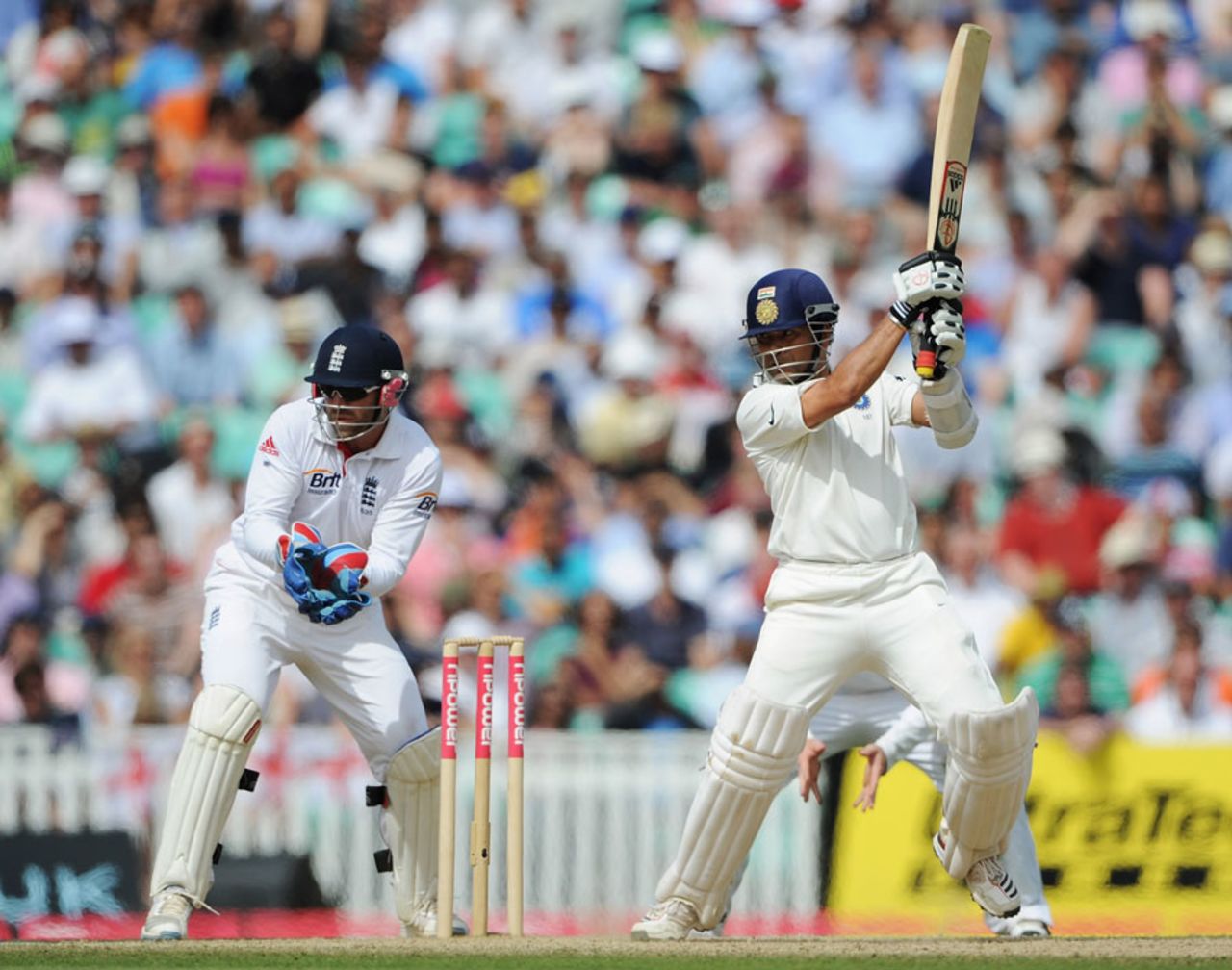 Sachin Tendulkar forces a shot through the covers, England v India, 4th Test, The Oval, 5th day, August 22, 2011