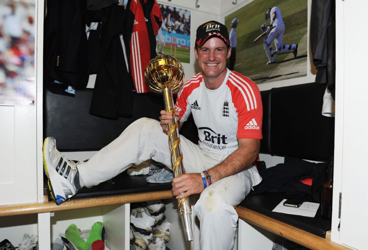 Andrew Strauss poses with the mace in the dressing room, England v India, 4th Test, The Oval, 5th day, August 22, 2011