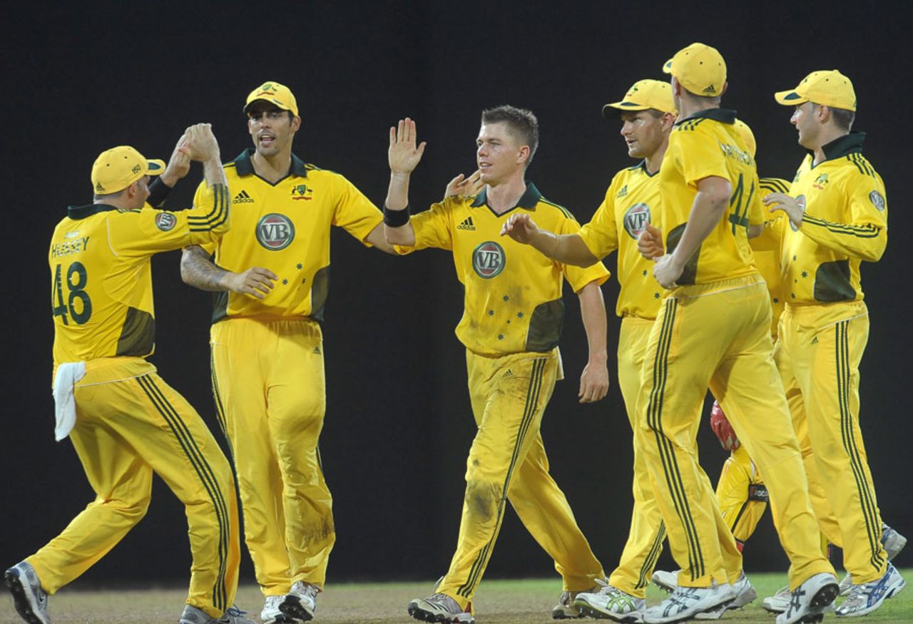 Australia get together after Xavier Doherty snags Chamara Silva, Sri Lanka v Australia, 5th ODI, Colombo, August 22, 2011