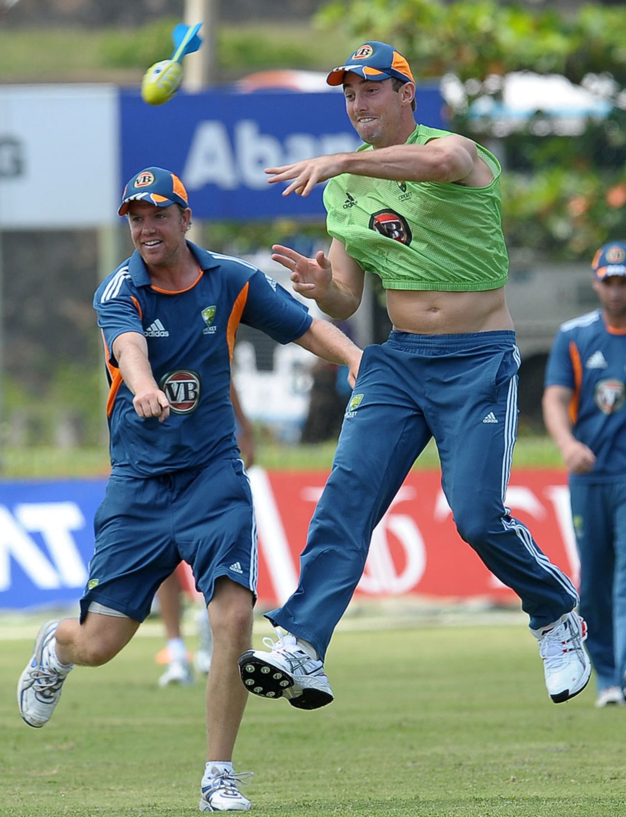 Shaun Marsh and Michael Beer warm up for the first Test, Galle, August 29, 2011