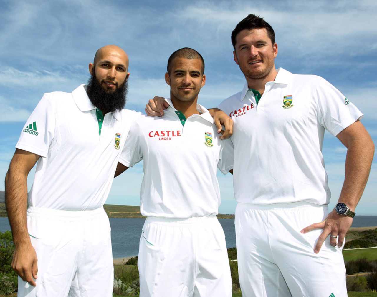 Hashim Amla, JP Duminy and Graeme Smith pose at a CSA camp media session, Kleinmond, August 29, 2011