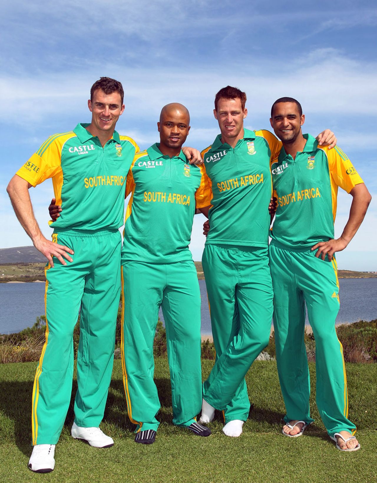 Ryan McLaren, Loots Bosman, Rusty Theron and Robin Peterson smile for the cameras, Kleinmond, August 29, 2011