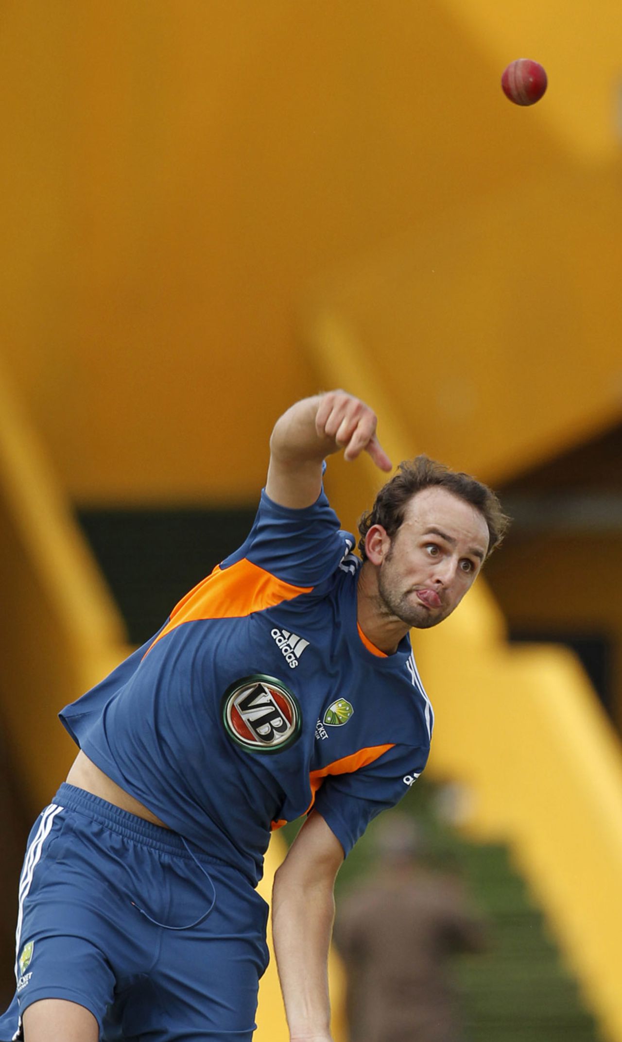 Nathan Lyon has a bowl, Galle, August 30, 2011