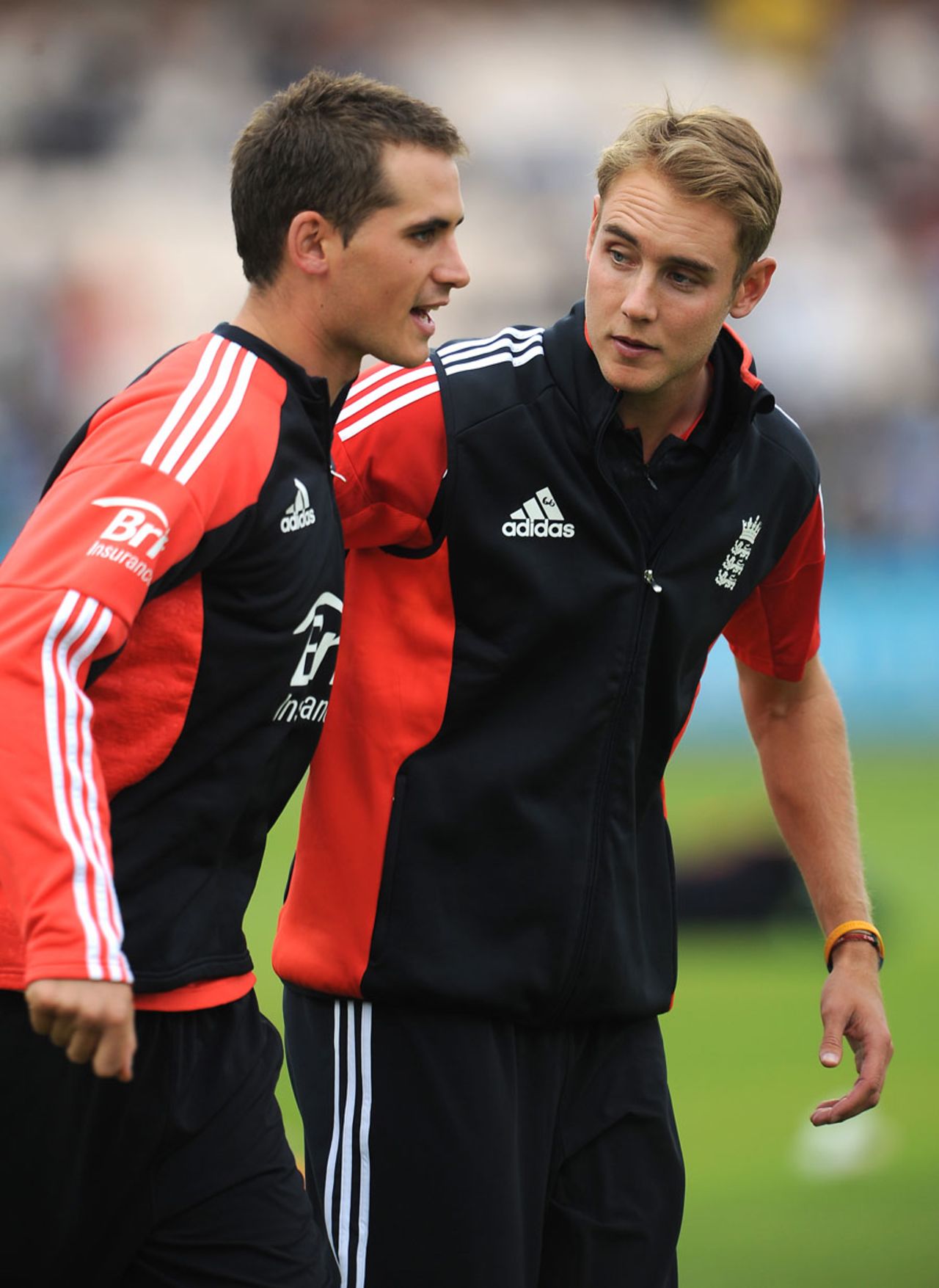 Stuart Broad chats to his Nottinghamshire colleague Alex Hales ahead of his Twenty20 debut, England v India, Twenty20, Old Trafford, August 31, 2011