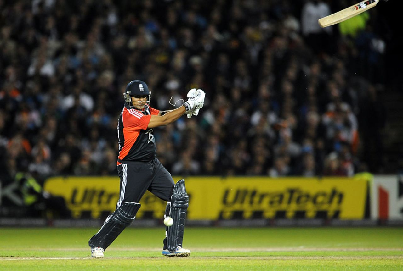 Out of the frame: Samit Patel still has the bat handle, but the blade is heading for midwicket, England v India, Twenty20, Old Trafford, August 31, 2011