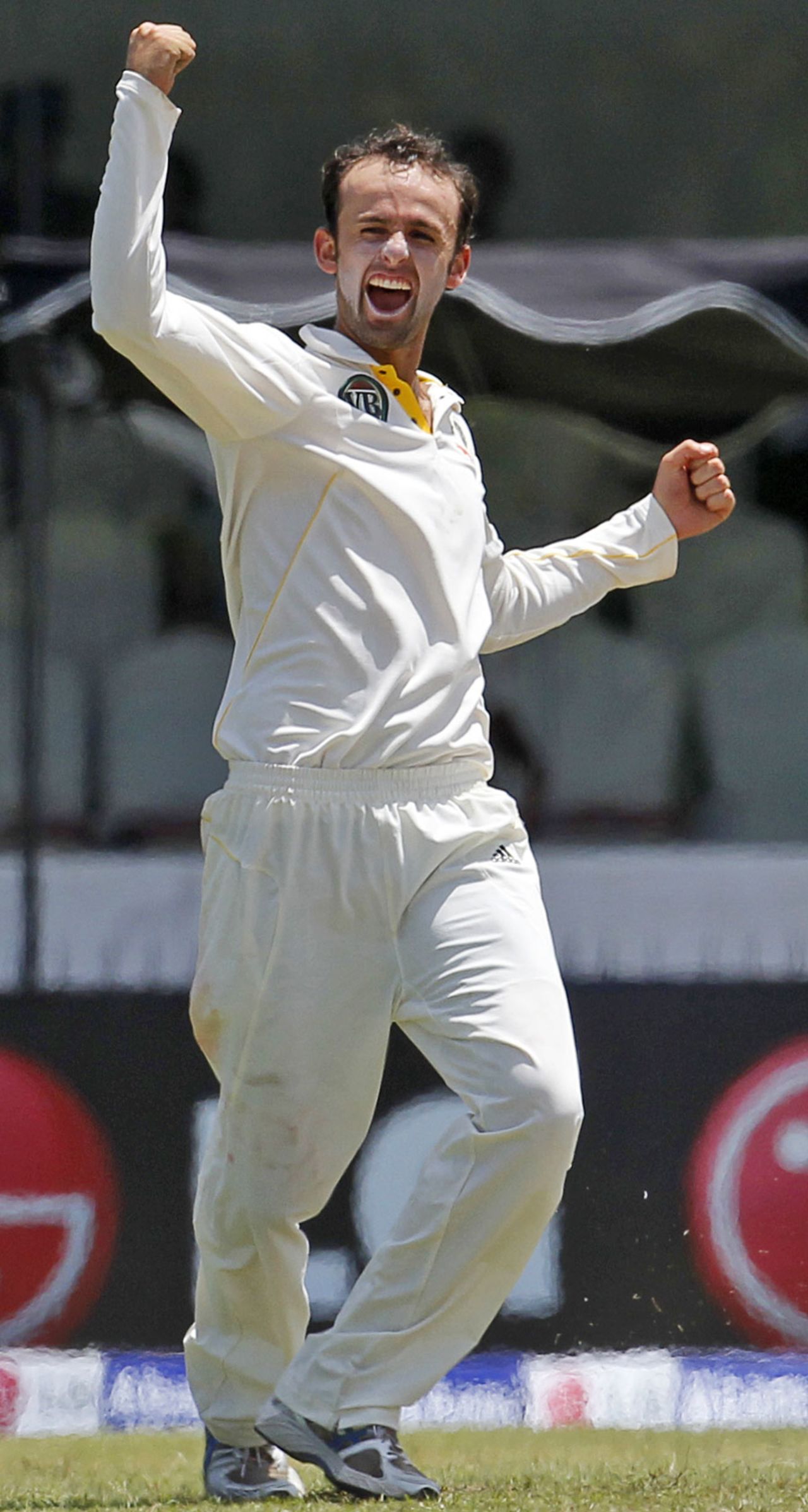 Nathan Lyon celebrates his first wicket in international cricket, Sri Lanka v Australia, 1st Test, Galle, 2nd day, September 1, 2011