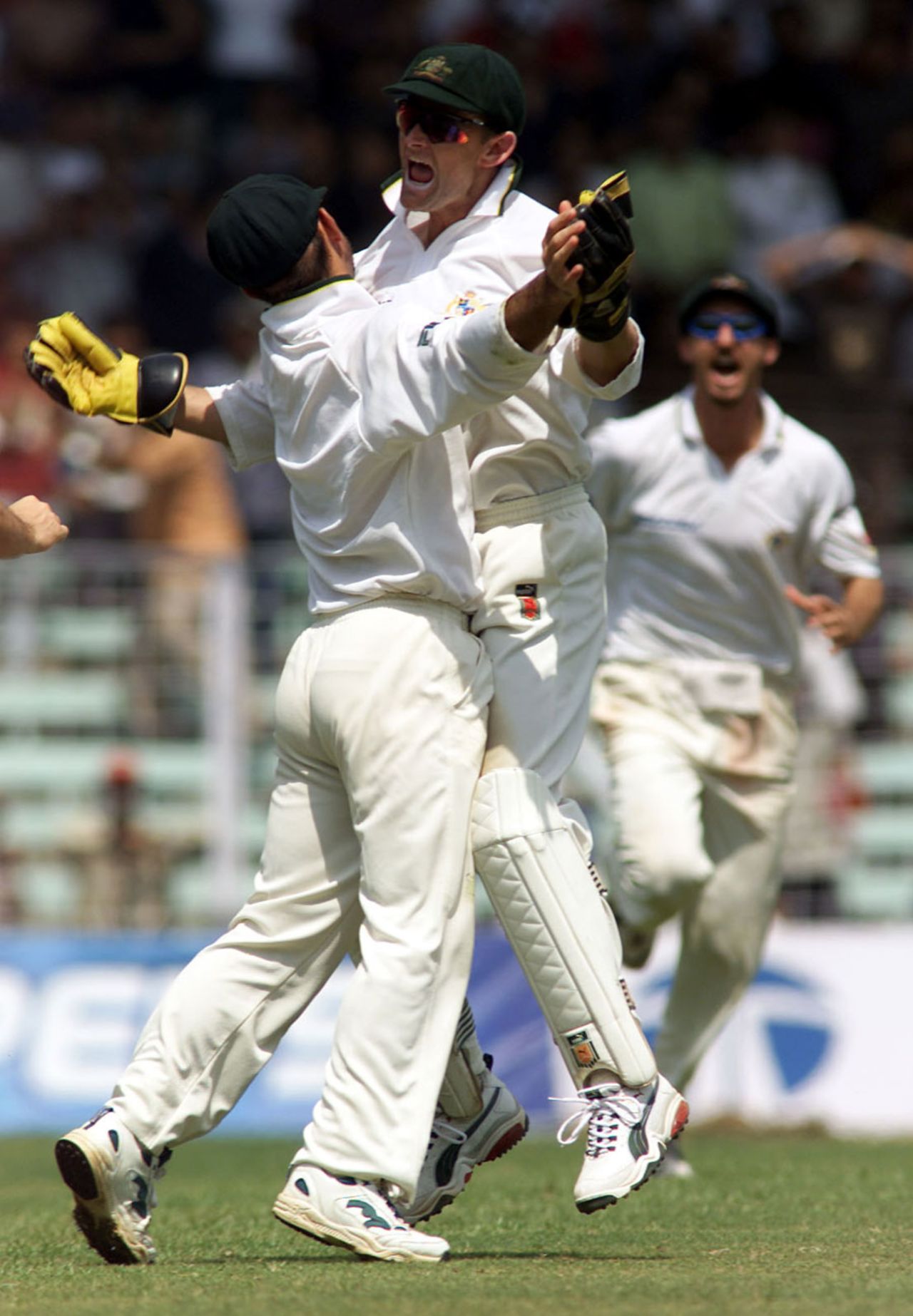 Ricky Ponting and Adam Gilchrist celebrate Sachin Tendulkar's dismissal, 1st Test, Mumbai, 1 March, 2001