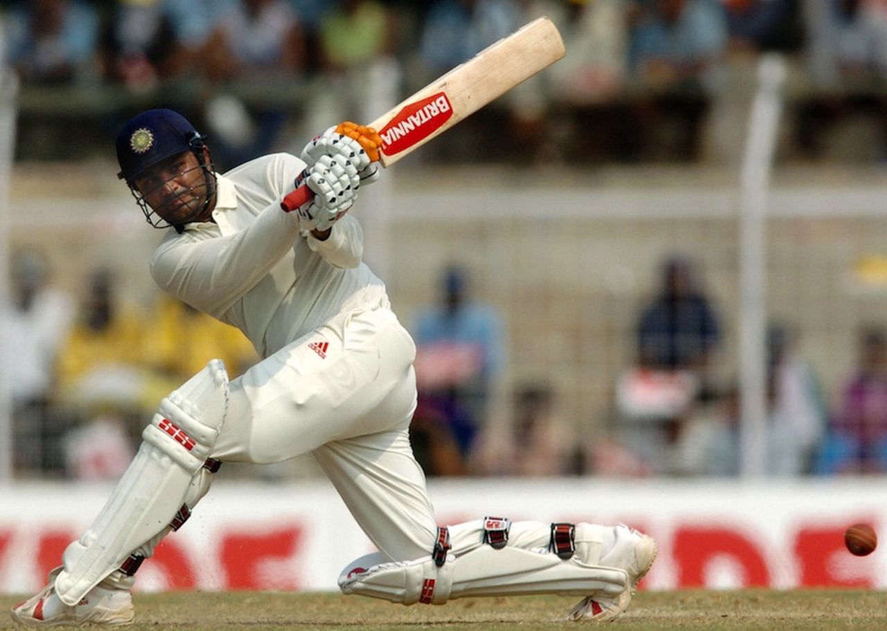Virender Sehwag plays the slog sweep, India v Australia, 2nd Test, Chennai, October 15, 2004