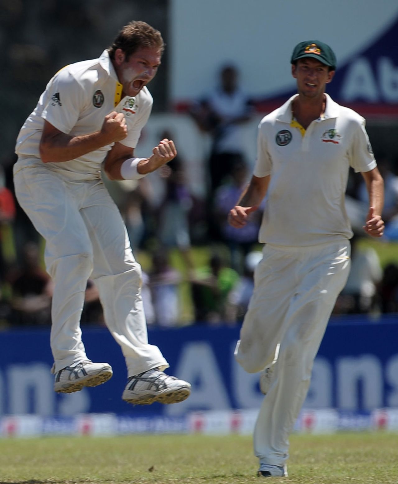 Ryan Harris jumps for joy after getting rid of centurion Mahela Jayawardene, Sri Lanka v Australia, 1st Test, Galle, 4th day, September 3, 2011