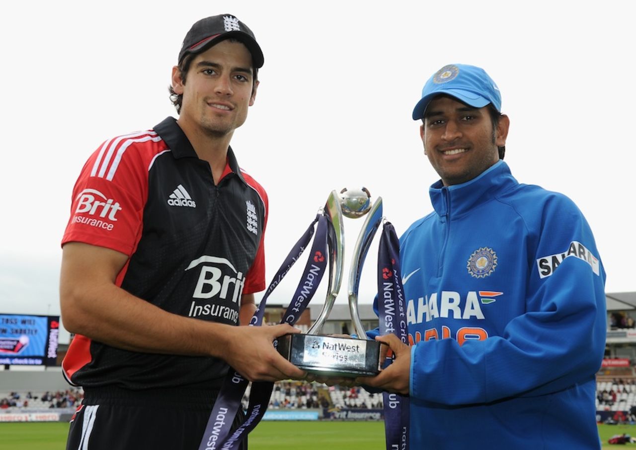 Alastair Cook and MS Dhoni with the trophy, England v India, 1st ODI, Chester-le-Street, September 3, 2011