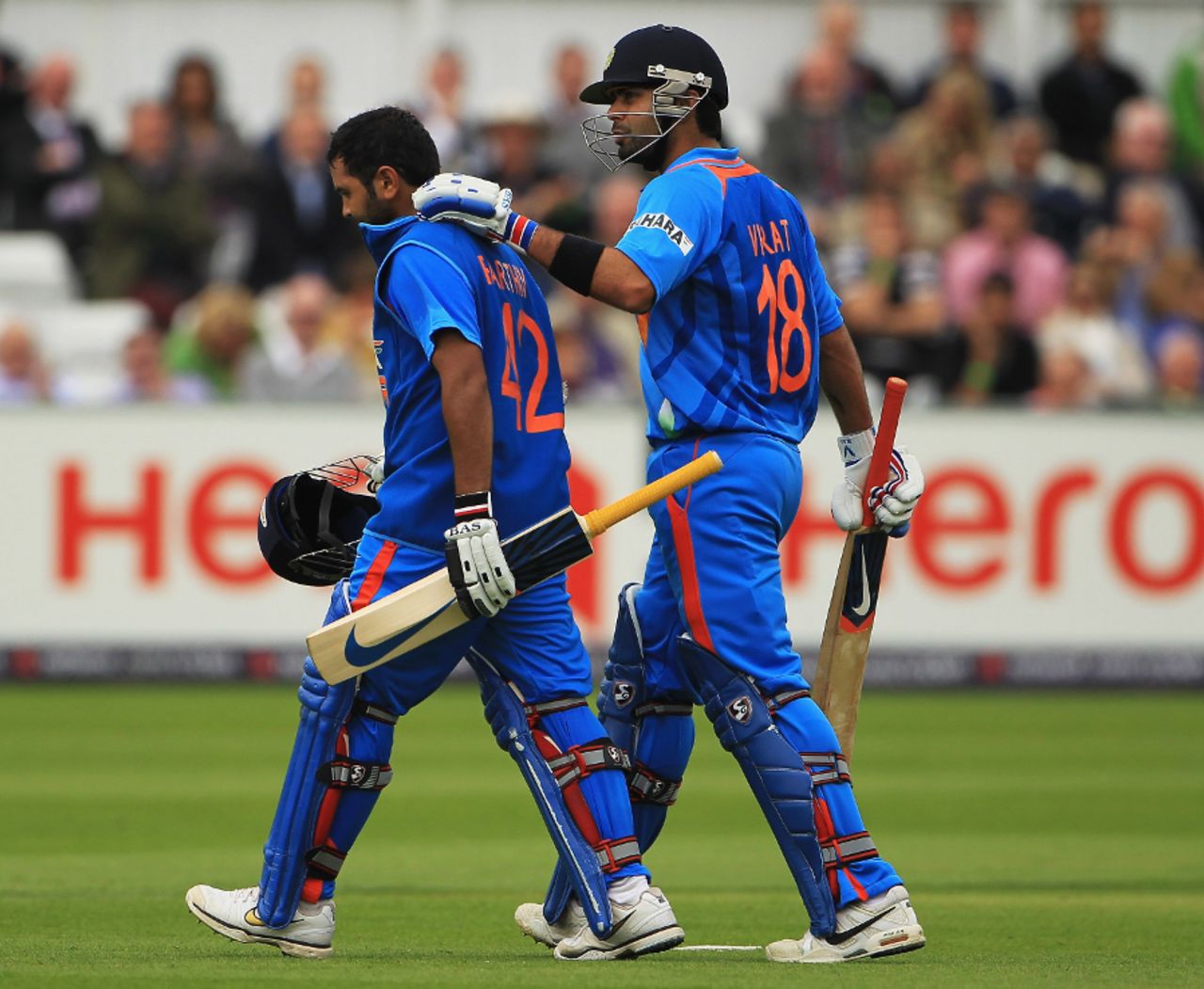 Parthiv Patel is comforted by Virat Kohli after falling for 95, England v India, 1st ODI, Chester-le-Street, September 3, 2011