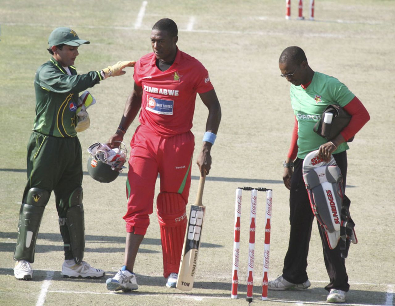 Vusi Sibanda needed a bit of attention after he was caught and bowled with the ball deflecting off his pad, Zimbabwe v Pakistan, 1st ODI, Bulawayo, September 8, 2011