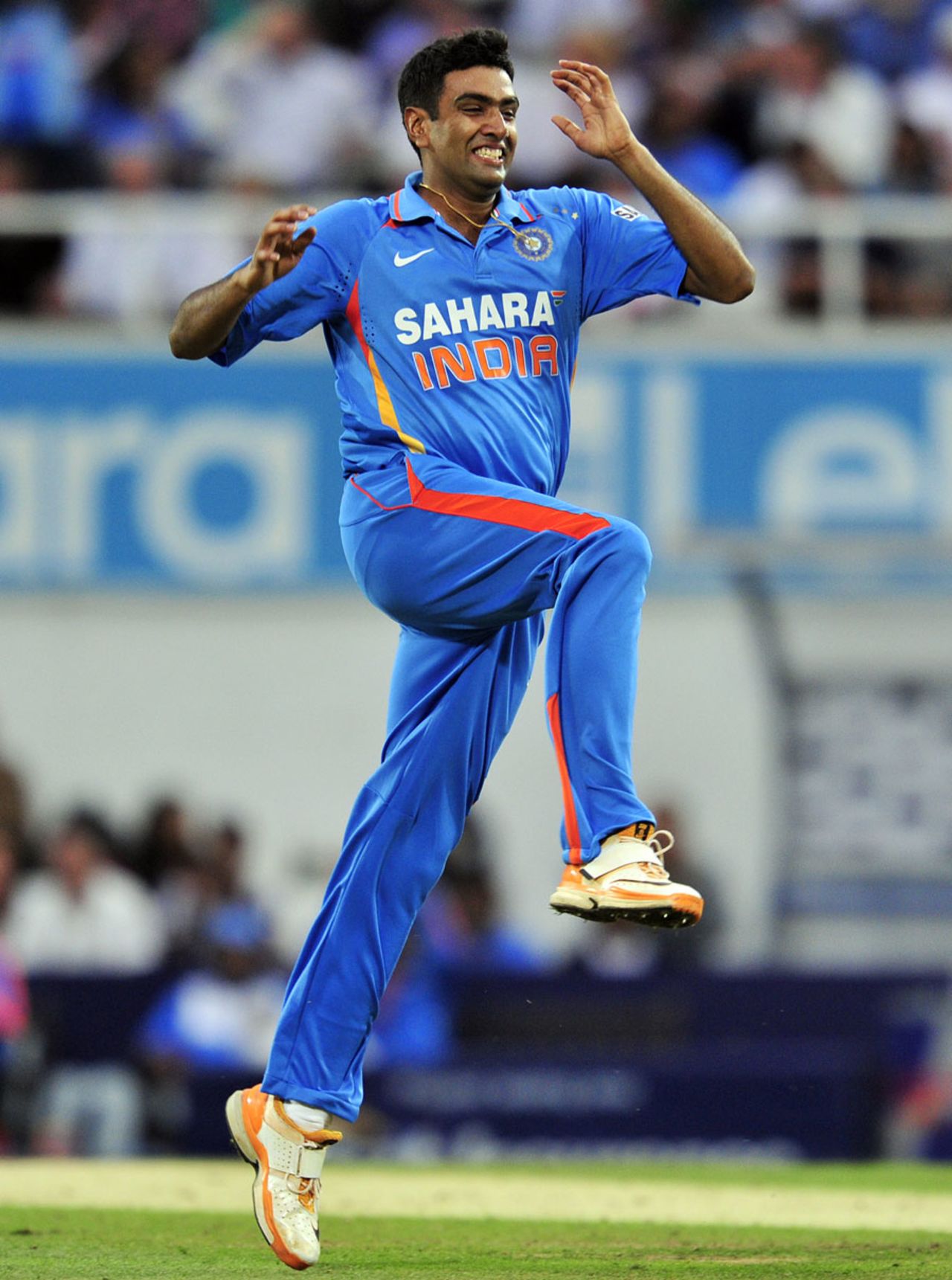 R Ashwin jumps for joy after bowling Jonathan Trott, England v India, 3rd ODI, The Oval, September 9, 2011