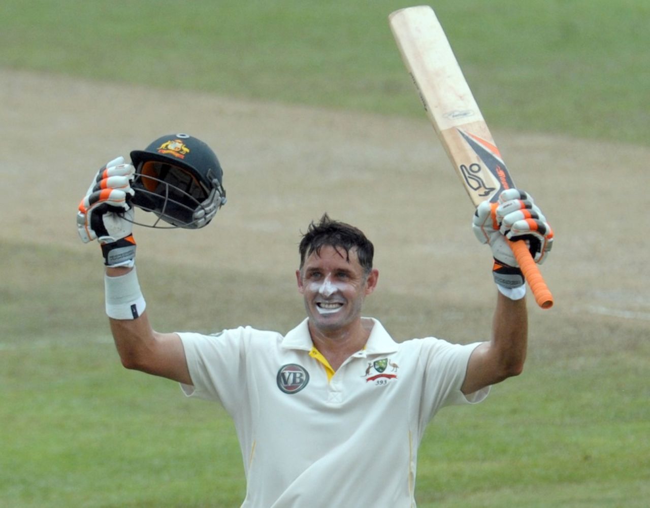 Michael Hussey celebrates his century on the third morning, Sri Lanka v Australia, 2nd Test, Pallekele, 3rd day, September 10, 2011