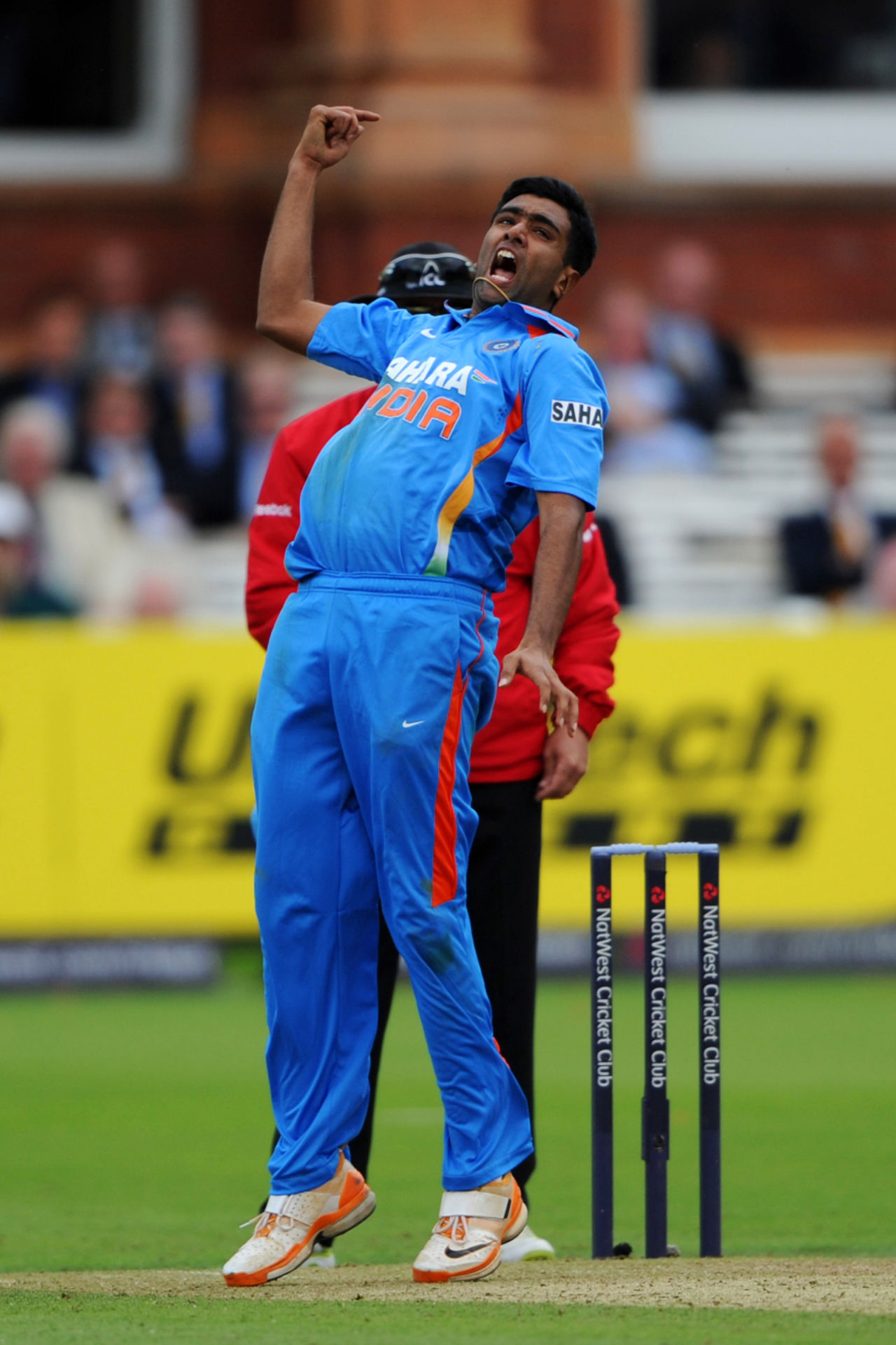 Ravichandran Ashwin celebrates his caught-and-bowled dismissal of Ben Stokes, England v India, 4th ODI, Lord's, September 11, 2011